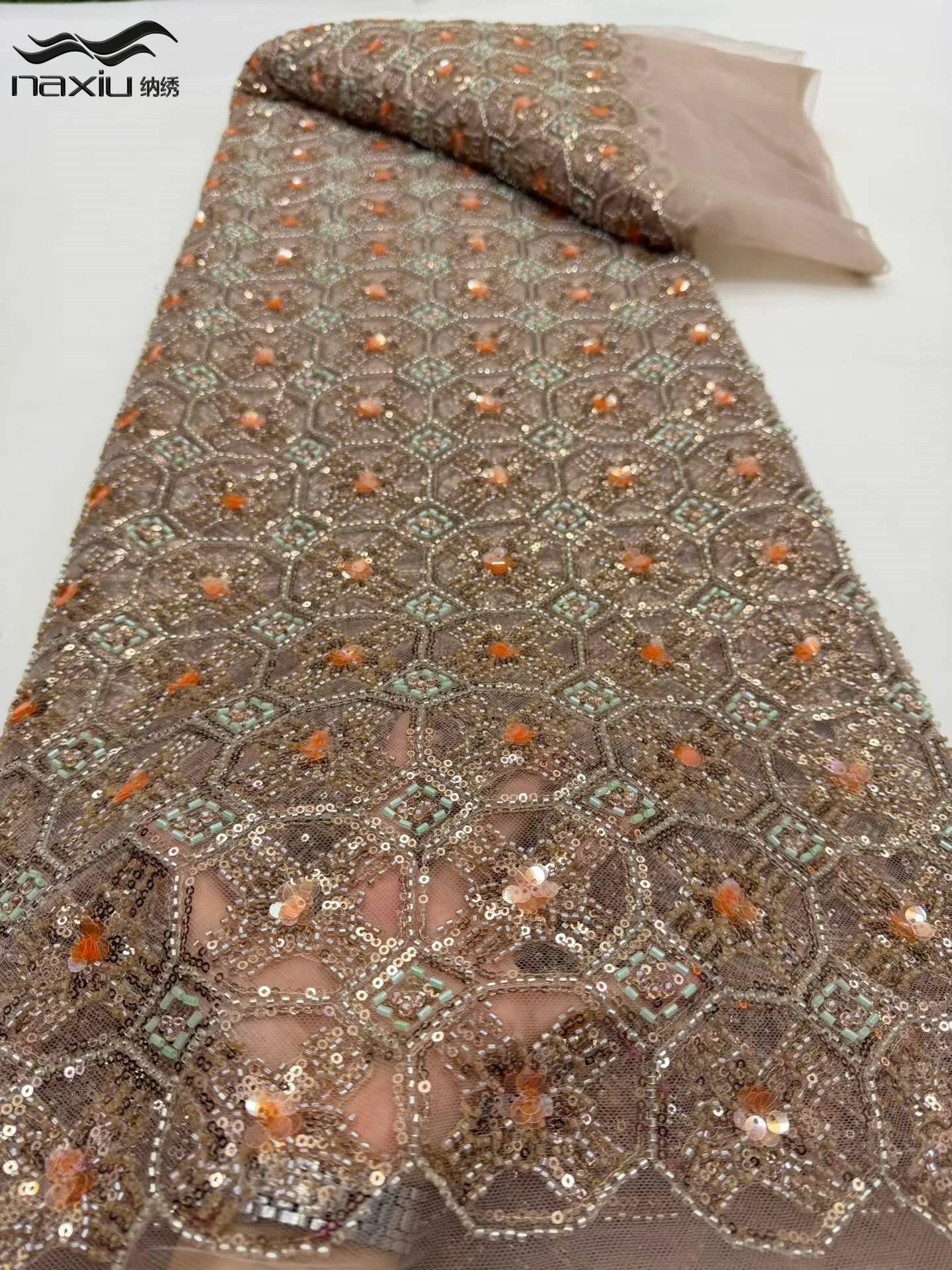 

Madison Luxury Elegant Handmade Beaded Lace Fabric Nigerian 2026 High-End With Sequins Mesh Lace Fabric For Wedding Dress