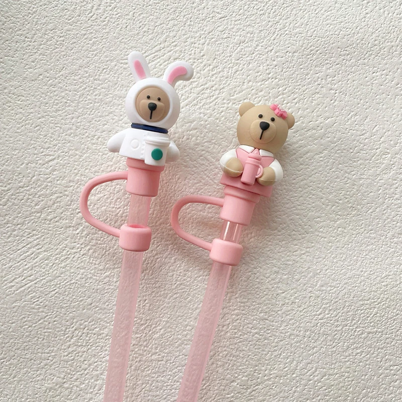 Cute Cherry Blossom Bear Straw Cover For 7-8mm Sippy 30oz Coffee Cup Dustproof Plug Reusable Silicone Straw Cap Cup Accessories