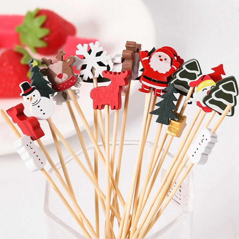 50/100pc Christmas Bamboo Sticks for Cake Food Pick Toothpick Christmas Party Decoration Xmas Festival Party New Year Decoration