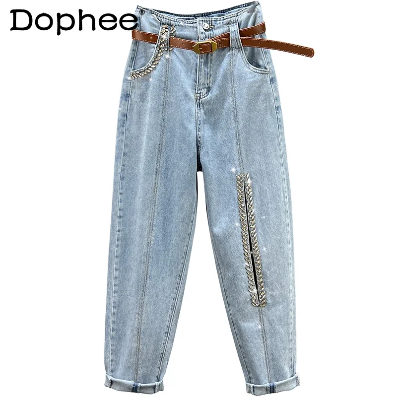 Imagem -06 - Quente Diamante Harem Jeans Feminino 2023 Novo Verão Sexy Oco para Fora Cintura Alta Solta Emagrecimento Denim Calças Femininas Azul Calças Largas