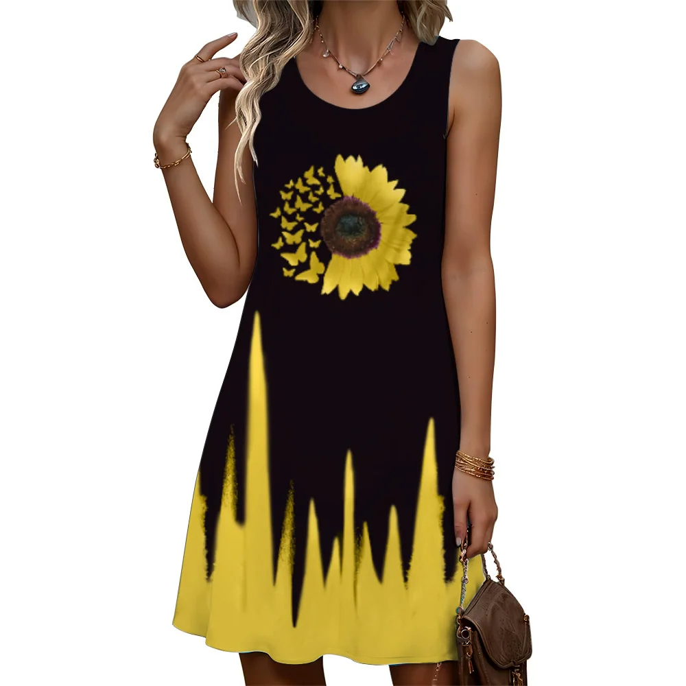 Sunflower Pattern Beach Casual Women Mini Dresses Summer Sleeveless 3D Printed Street Ladies Dress 3XL Plus Size Loose Dress