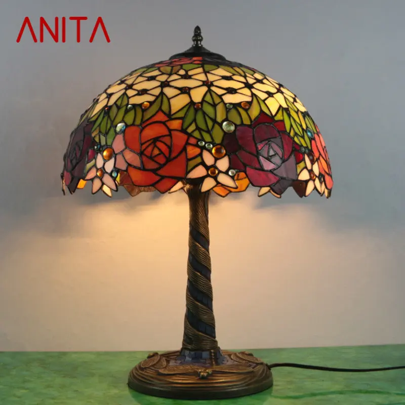 

ANITA Tiffany Glass Table Lamp LED Creative Retro Flowers Desk Light Fashion Decor For Home Living Room Bedroom Bedside