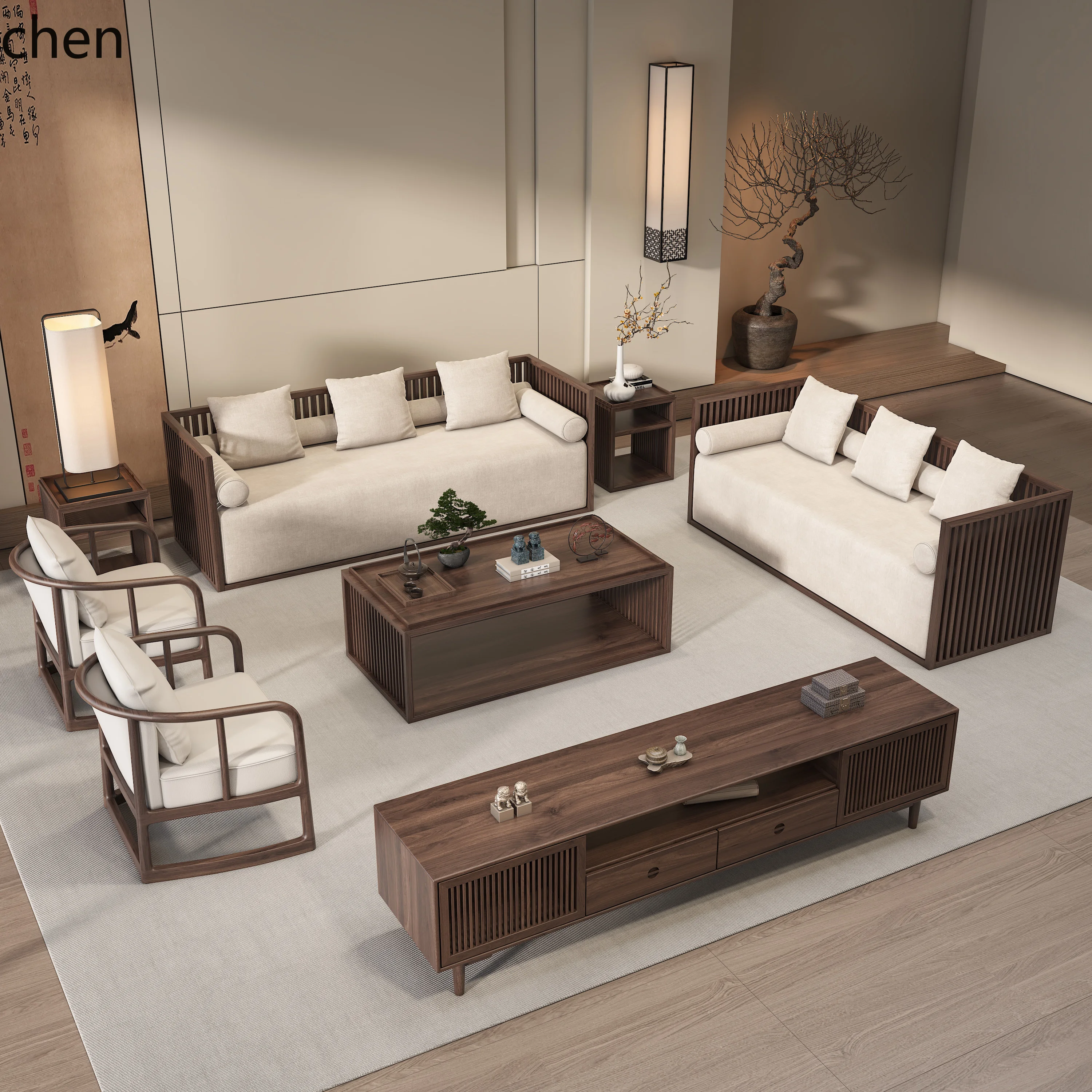 

HT new Chinese aesthetic solid wood sofa combination hotel living room minimalist fabric Zen furniture Customized