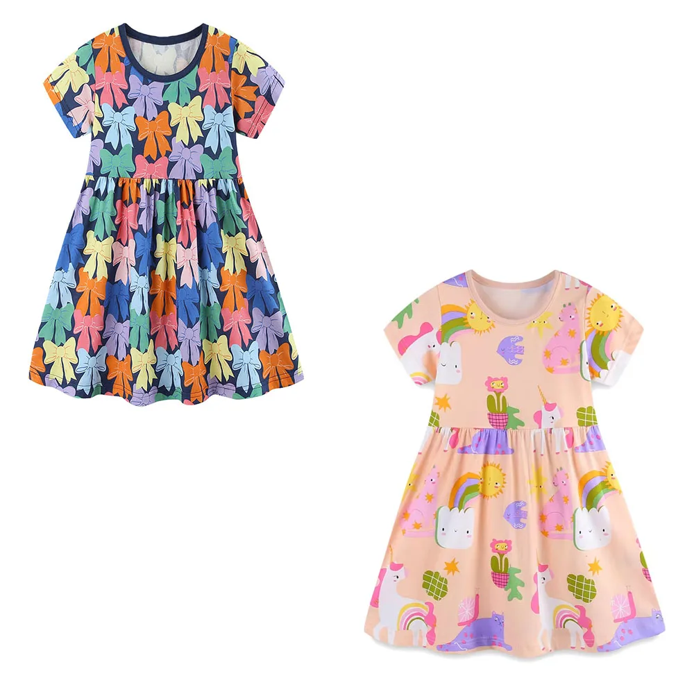 

All Printed Bows 2-7T New Princess Girls Dresses Summer Short Sleeve Party Cotton Baby Frocks Lovely Cute Children Clothes