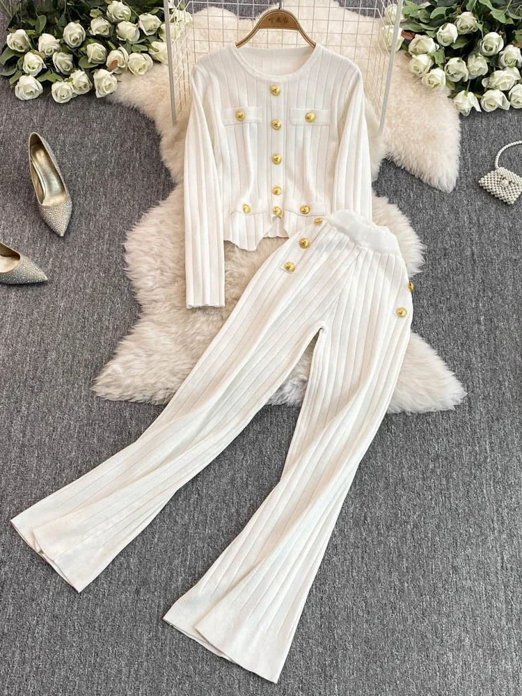 Women Vintage Two Piece Sets Autumn Winter Metal Button Knitted Top Wide Leg Pants Suits Female Casual Sweater Tracksuits