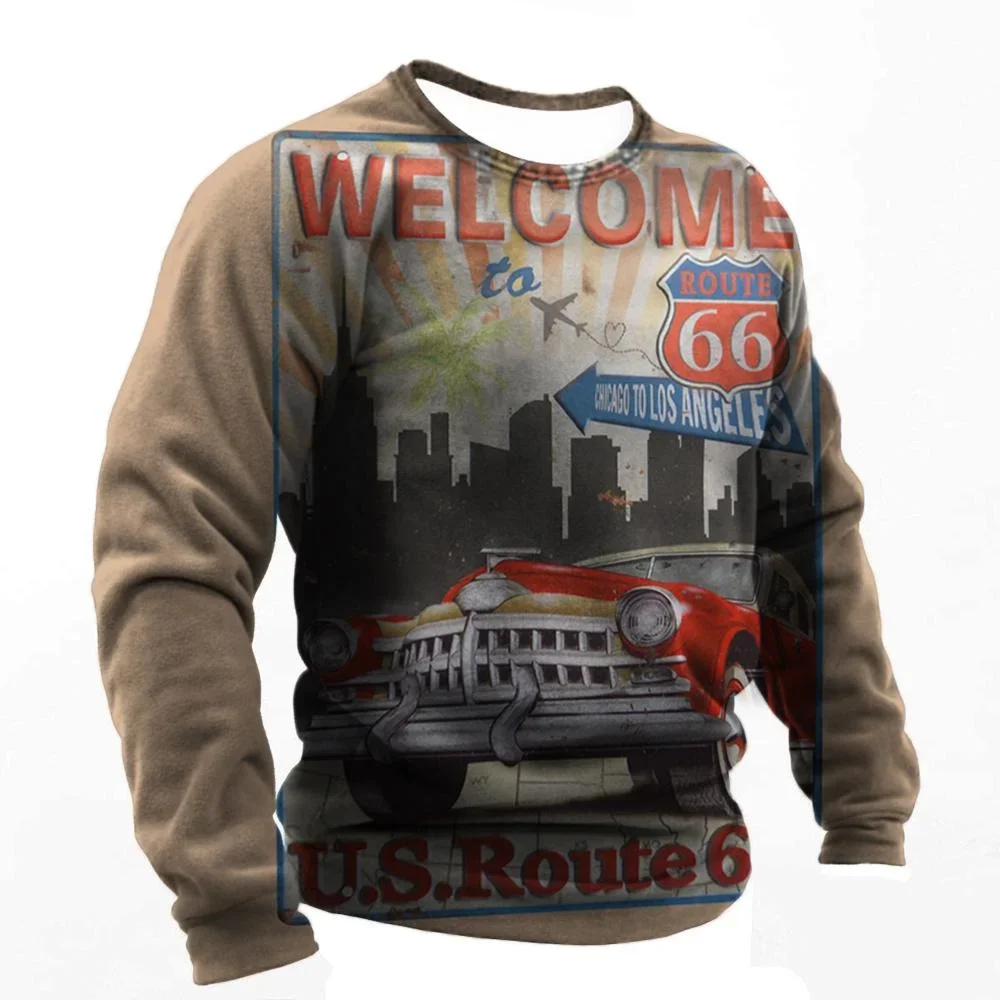 Route 66 Vintage Casual T-shirt For Men Print Long Sleeve Tops Outdoor Biker T Shirt Oversized T-Shirt Men Clothing Hot-selling