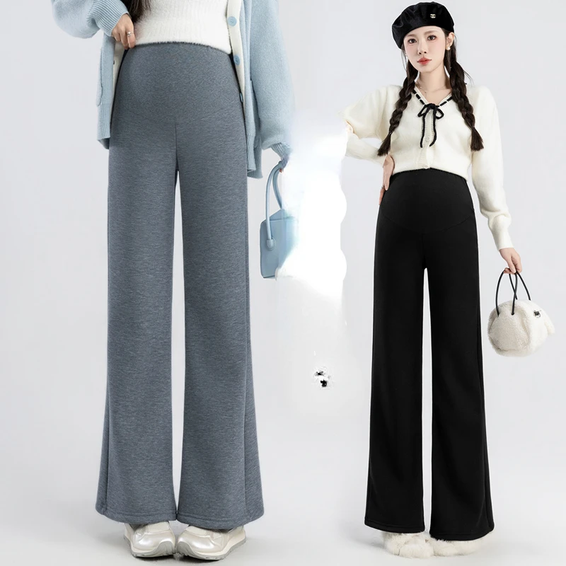 

Winter Thick Warm Maternity Belly Pants High Waist Long Flare Trousers Pregnant Women's Bell-bottoms Fleece Boot Cut Trousers