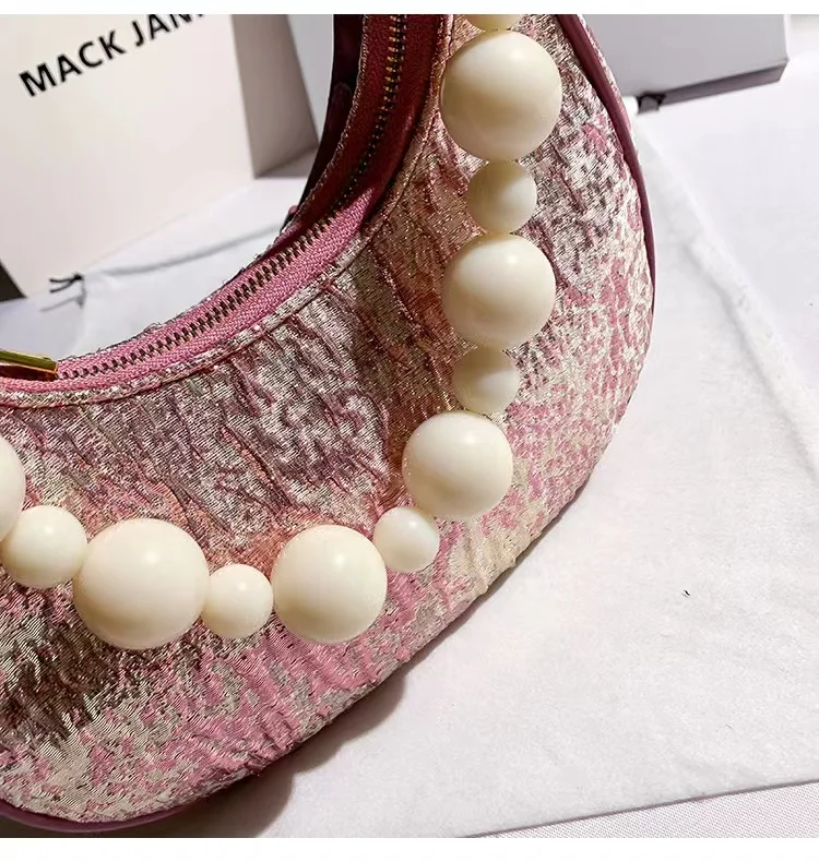 Autumn Textured Leather Beads Beading Half Moon Bag Women Handbag Lady Purse Female Shoulder Messenger Bag Underarm Bag Armpit