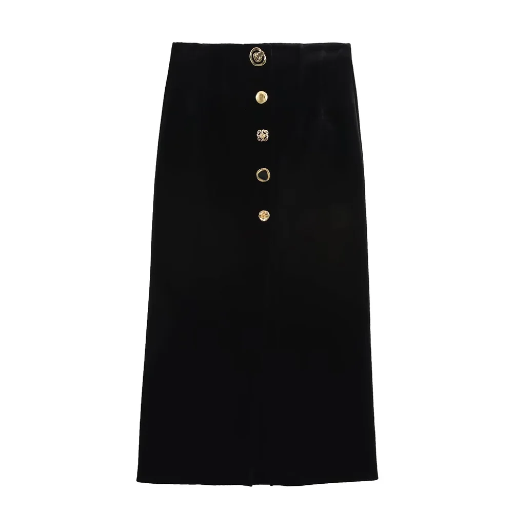 

women's fashion gold breasted velvet mid length straight tube skirt winter new high waisted solid color skirt