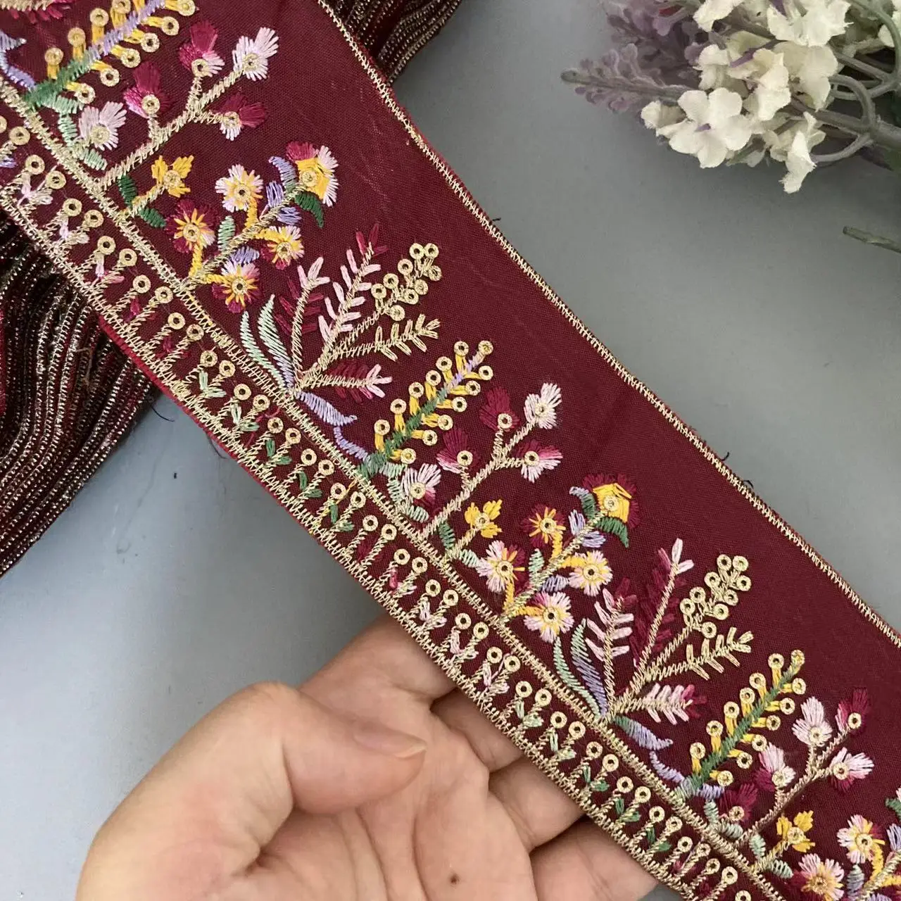 1 Yard Dull Red 6.5cm Embroidery Lace Ribbon Trims Sewing Diy Vintage Ethnic Style Flower Sequin Dress Skirt Accessories Webbing