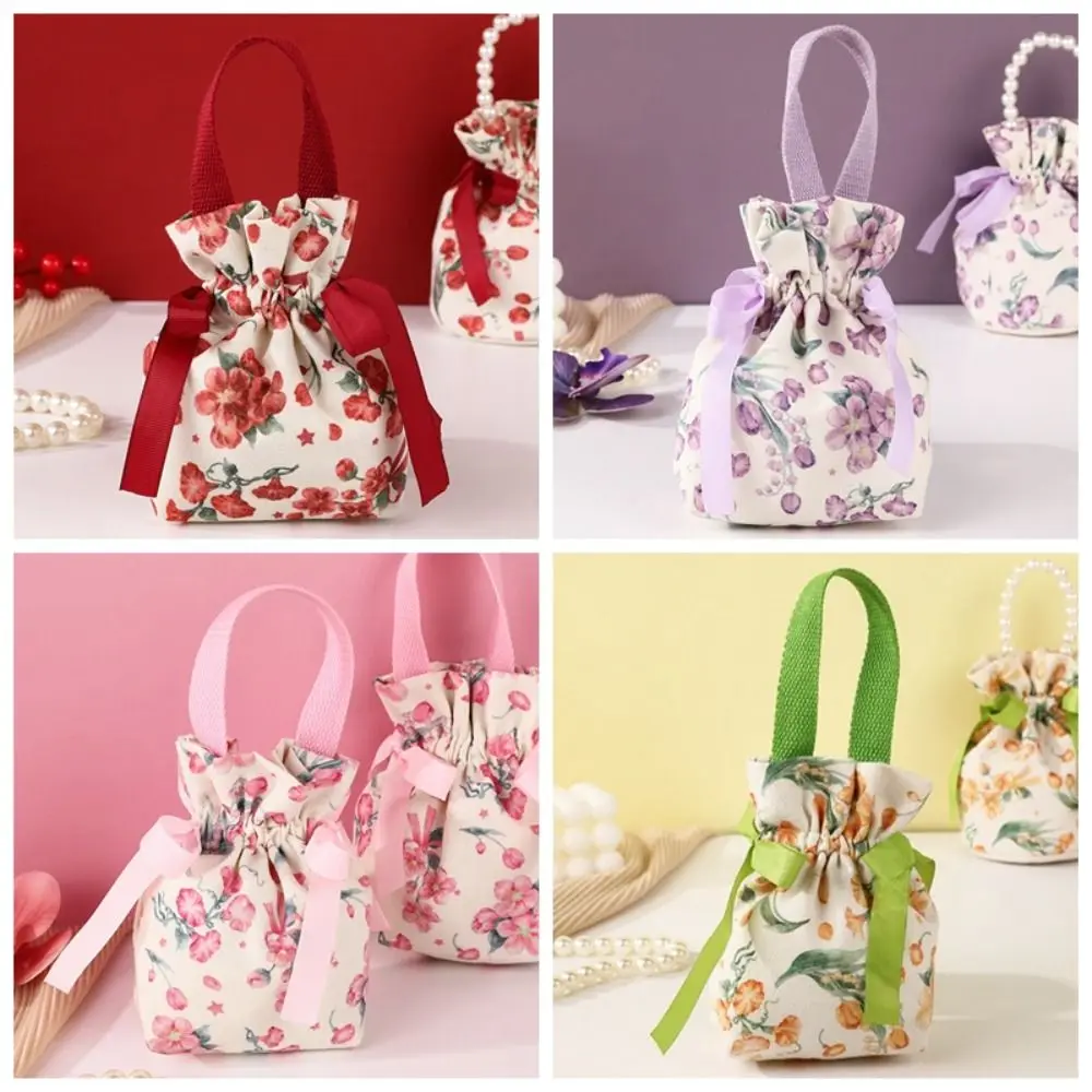 Ribbon Bow Canvas Flower Drawstring Bag Floral Large Capacity Festive Sugar Bag Bucket Bag Korean Style Bowknot Handbag Wedding