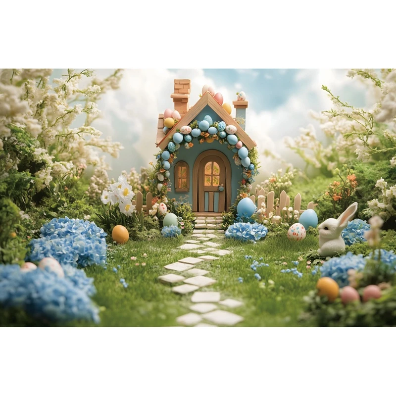ربيع عيد الفصح خلفية التصوير الفوتوغرافي السماء الزرقاء الزهور بيض عيد الفصح أرنب الأرنب منزل خشبي عيد الفصح حزب الديكور الخلفيات