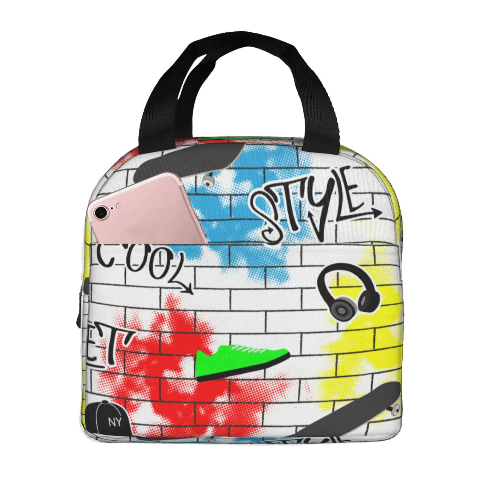 Brick Graffiti Pattern Print Lunch Bag for Girls Funny Lunch Box Fun Picnic Cooler Bag Portable Zipper Oxford Thermal Lunch Bags