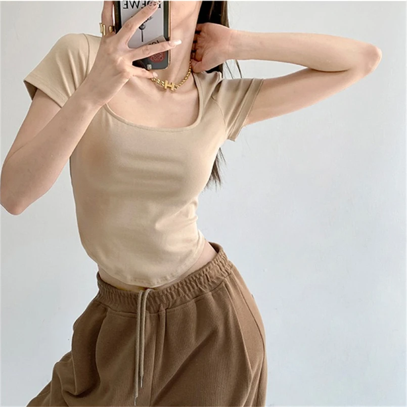 

Футболка с коротким рукавом и квадратным воротником, женские летние тонкие пуловеры, милая уличная одежда, женские модные шикарные укороченные топы, одежда Y2k