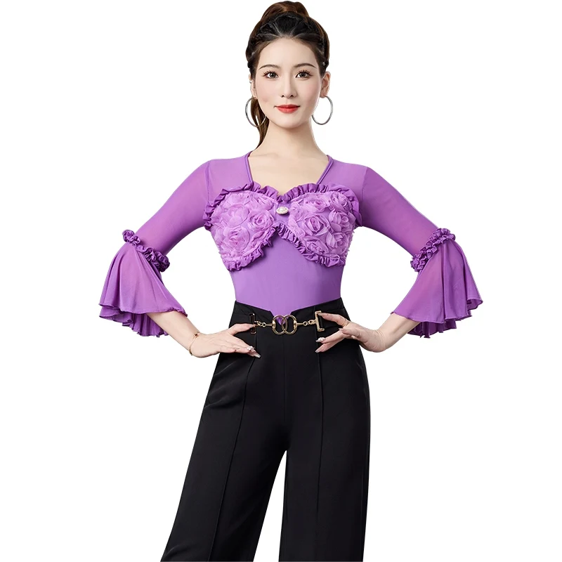 Mono de media manga con flores, Top de baile latino, ropa para mujer, trajes de baile modernos estándar nacional Chacha Rumba Tango DQL11548
