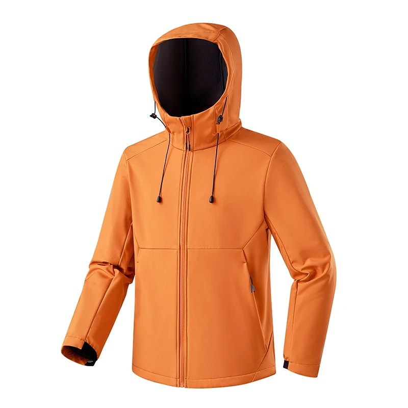 Plus Size Men Fleece Lined Softshell Jacket Drawstring Hood Windproof Water Resistant Zip Pockets Warm Loose Fit Hiking Travel O