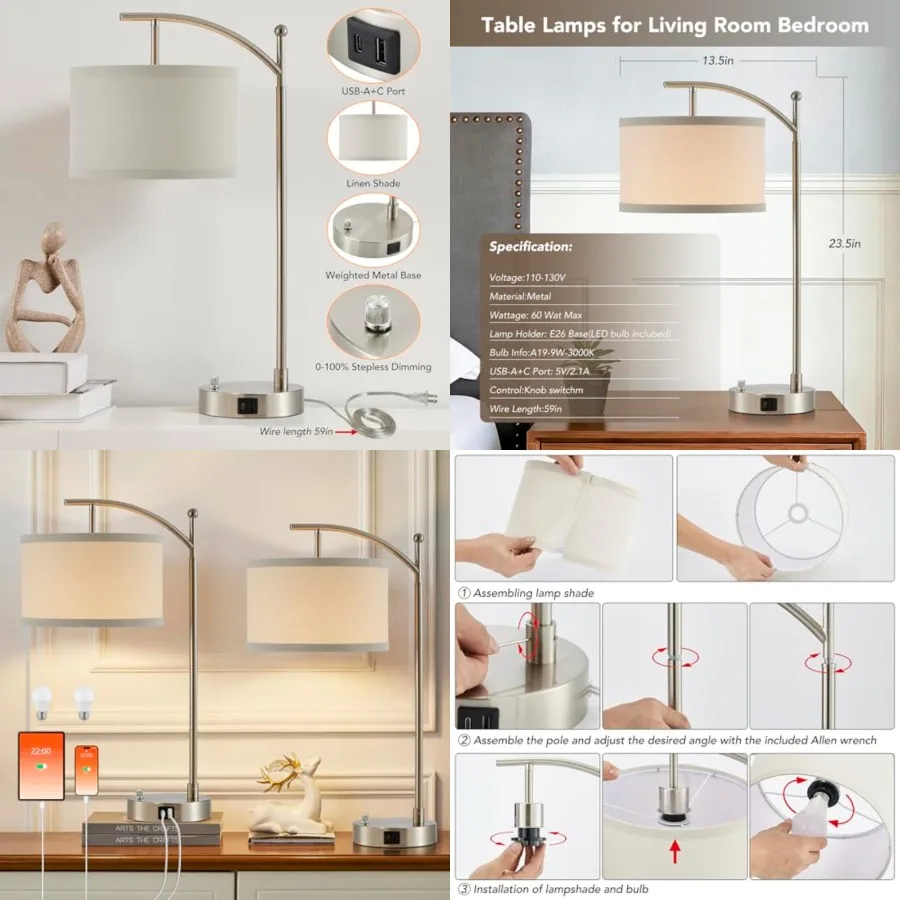 

Table Lamp for Living Room Bedroom, 23.5" Table Lamps Set of 2 with USB C+A Ports, Bedside Lamps for Nightstand with Linen Lamp
