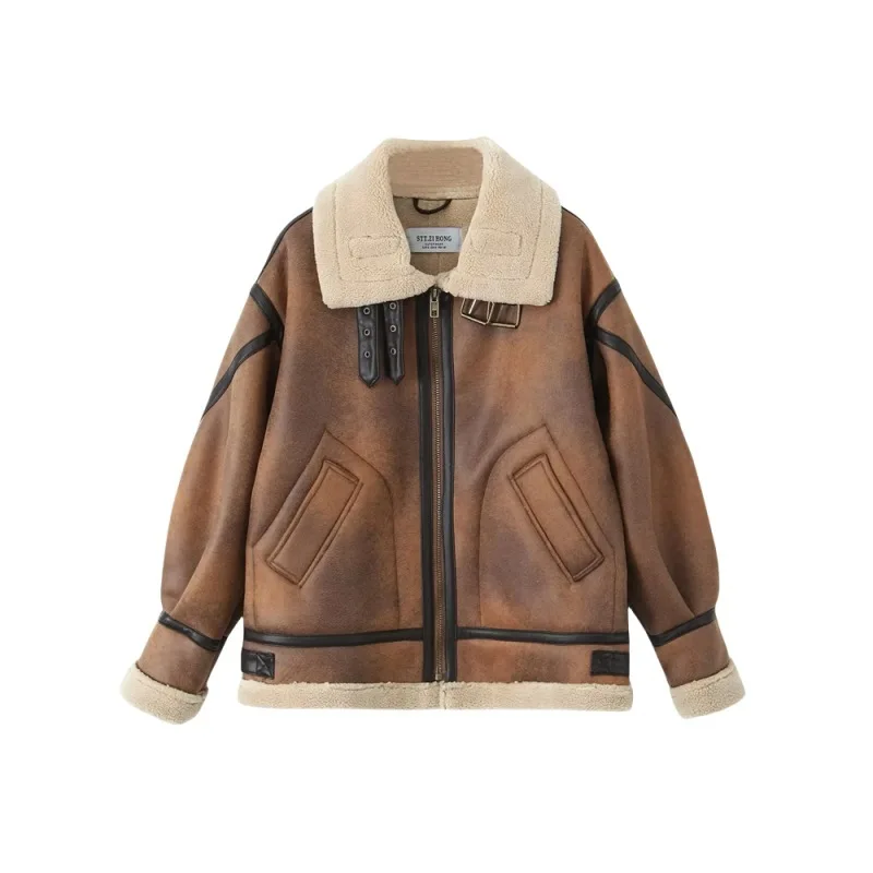 

Retro Zipper Thickened Jacket Womens Winter Loose Warm Top Polyester Fabric Street Style Comfortable Casual Fashion Coat