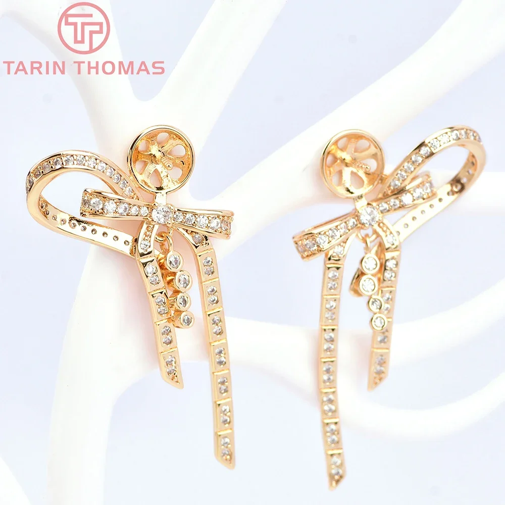 (6142) 2PCS 21x37MM 24K Gold Color Brass with Zircon Bow-Knot Stud Earrings High Quality Jewelry Making Findings Accessories