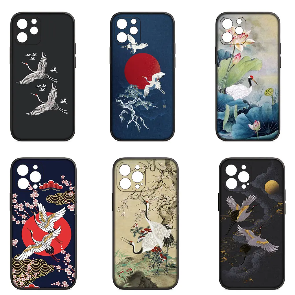 Watercolor Red Crowned Crane Phone Cover Case for Apple iPhone 15 14 Plus 13 12 Mini Pro Max XR + 13Pro 14+ 15+ Soft Casing