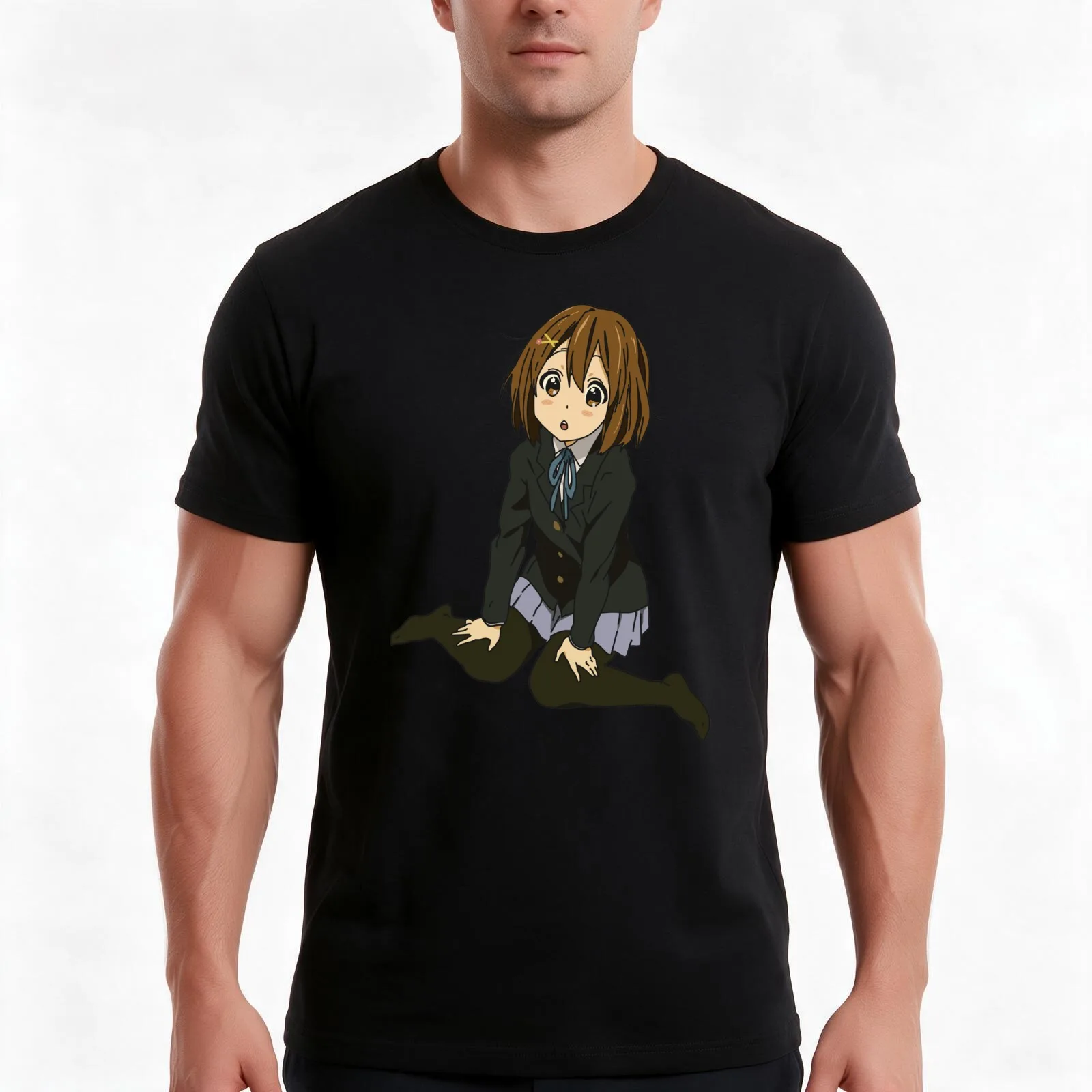 K-On! - Yui Hirasawa Cute Sitting Pose T-Shirt, Summer Casual Cotton Tee, Oversized Streetwear Tops, Vintage Graphic Print