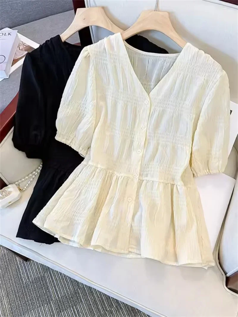 

Pop Pop Summer V-neck Bubble Sleeve Chiffon Shirt Women's Korean Fashion Ruffled Hem Top Casual Commute Blouse.