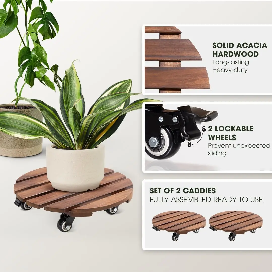 2-Pack 14 Inch Acacia Wood Plant Caddy with Wheels Heavy-Duty Plant Dolly with 264 Lbs Capacity, 360° Lockable Wheels for Large