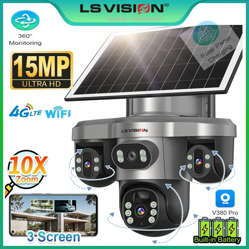 

LS VISION Solar Surveillance Camera 12MP 6K 3 Lens 3 Screens 10X Zoom WiFi Outdoor IP Camera 4G Sim Card Solar Surveillance V380