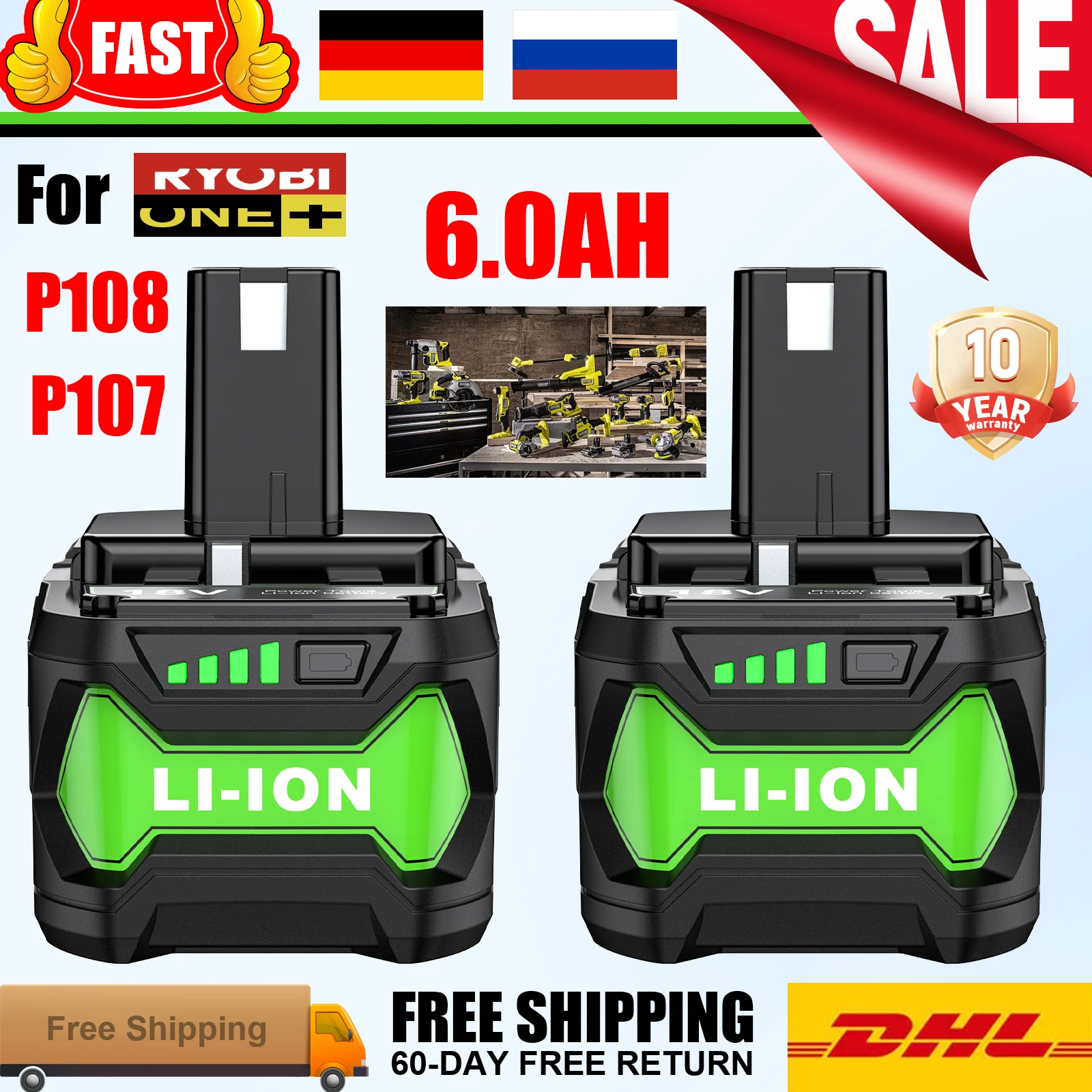 6Ah For RYOBI P108 18V One+ Plus Battery 18 Volt Lithium-Ion Power Tools P104 P107 RB18L50 RB18L20 P108