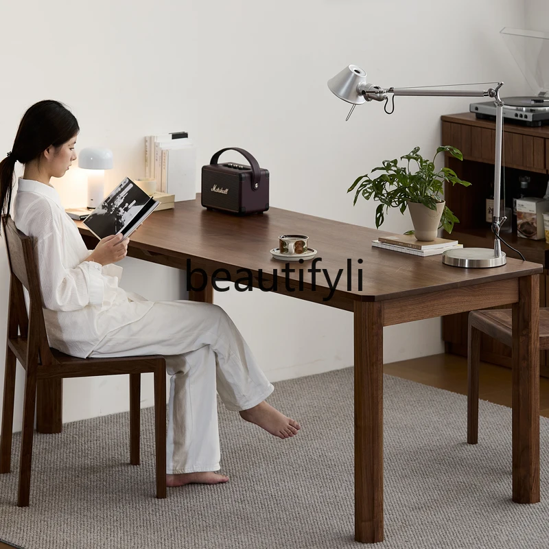 طاولة طعام من الخشب الصلب من خشب الجوز الأسود، وأثاث من الخشب الصلب بتصميم بسيط، ومكتب مكتب