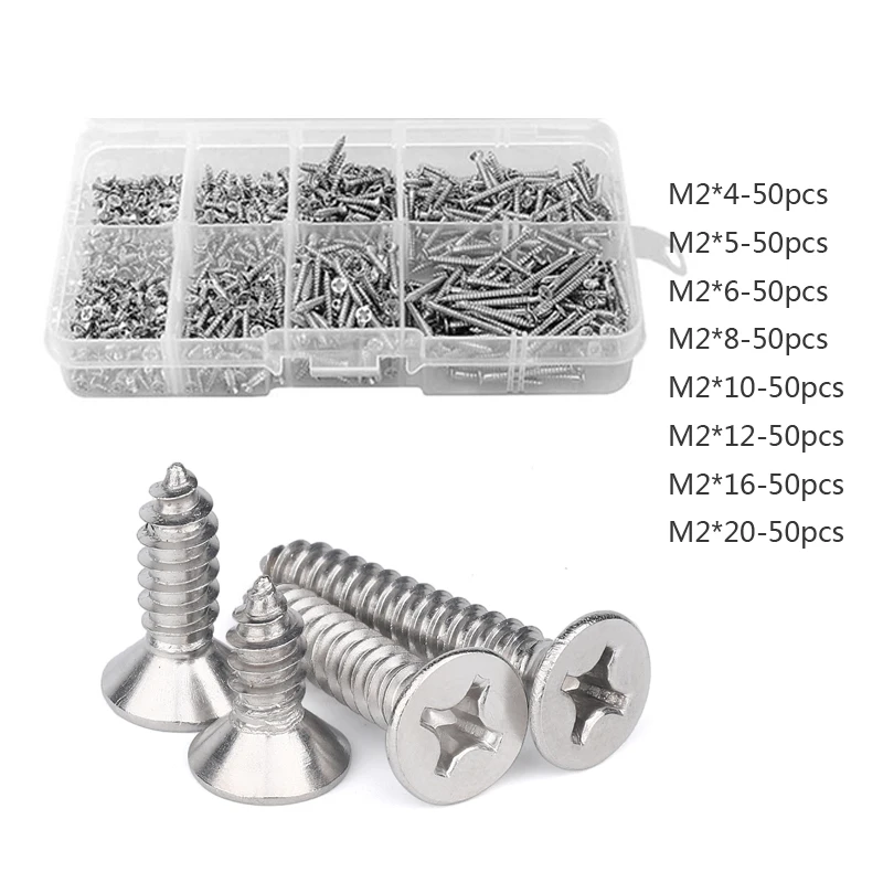 400Pcs M2 Cross Flat Head Self Tapping Screw Assortment Kit Wood Thread Nail Screw Sets DIY Countersunk Head Smal Scres