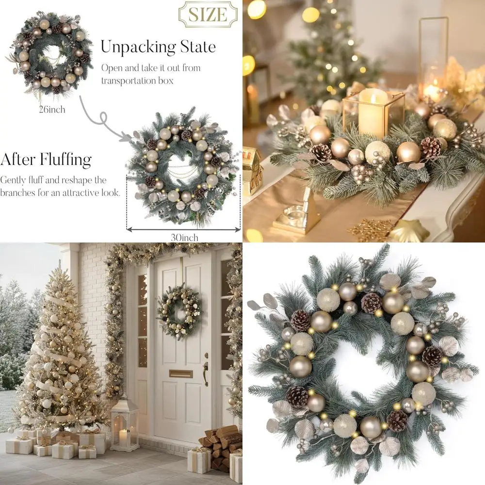 

24-дюймовый предварительно освещенный рождественский венок с белыми и золотыми шариками для наружного домашнего декора