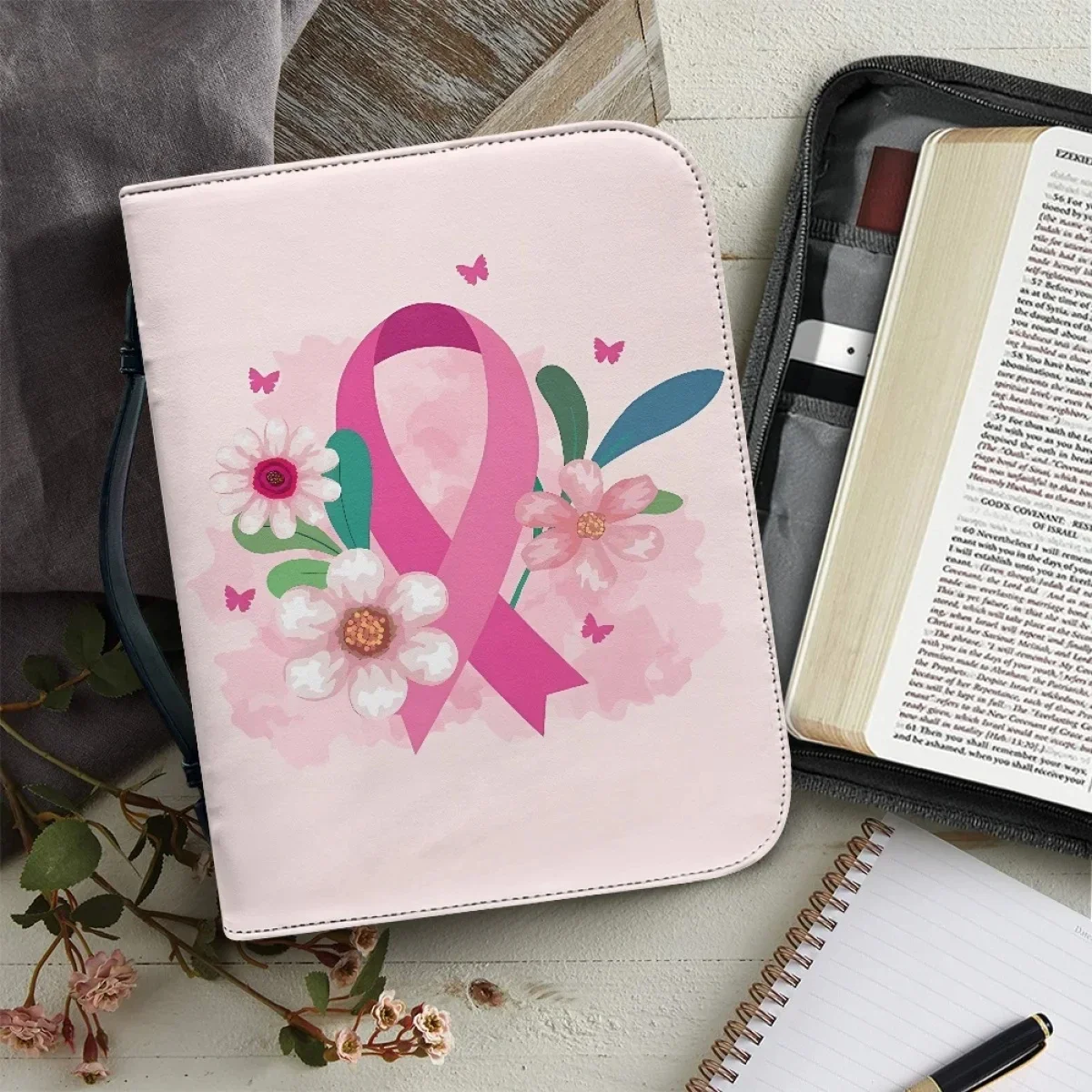 

Autism Cancer Consciousness Bible Storage Bag for Women Pink Cravat Print Bible Bag Leather Study Book Holy Storage Boxes