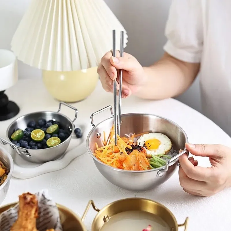 Stainless Steel Double-Eared Bowl Thickened Noodle Bowl Salad Bowl High Aesthetic Value Kitchenware for Snacks And Dishes