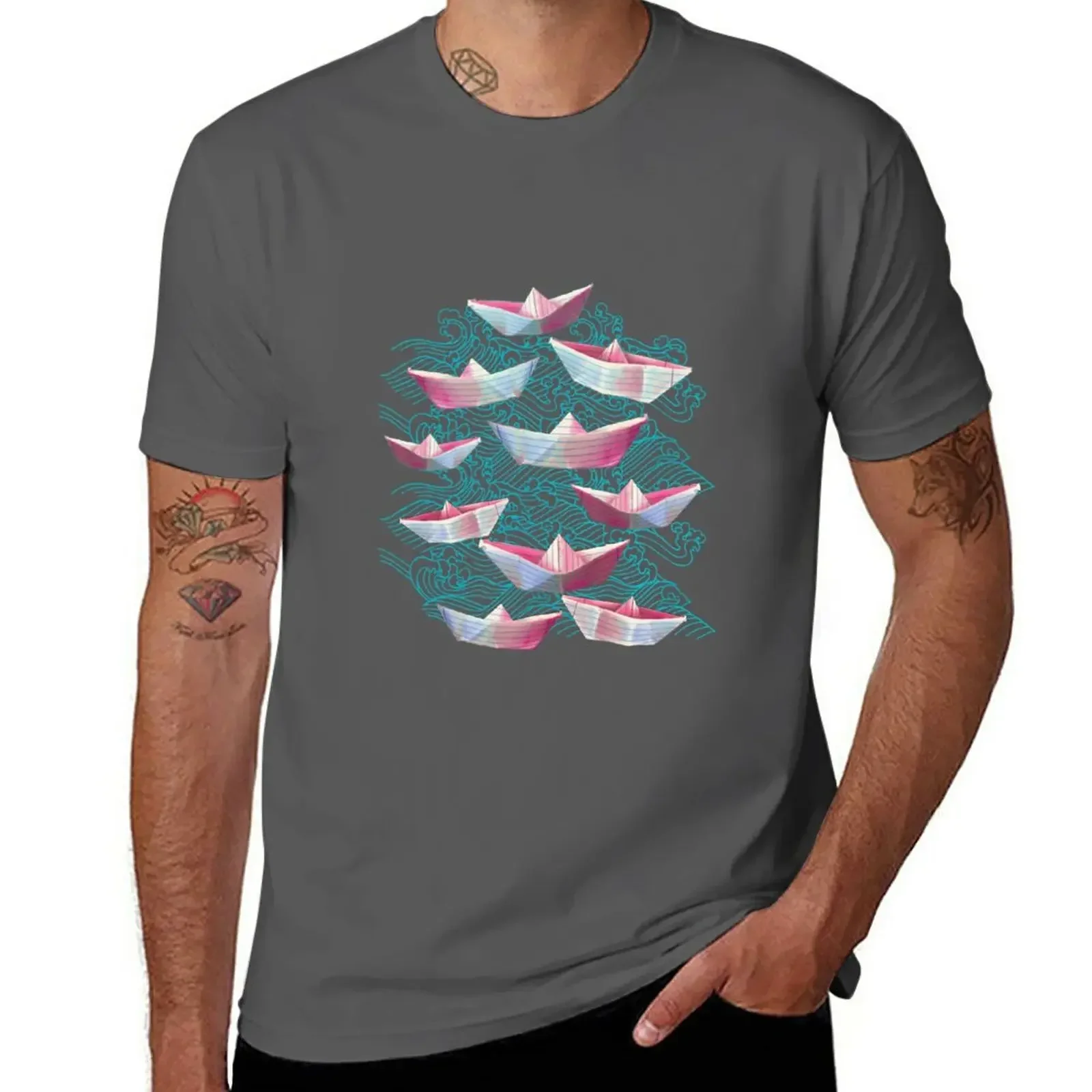 Japanese waves and paper boats T-Shirt sports fans Aesthetic clothing mens plain t shirts