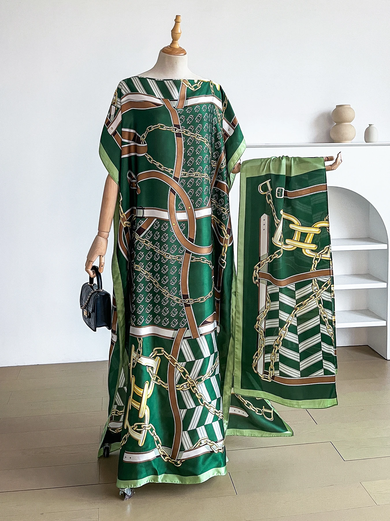 Popular Chain Print Boat Neck Modest Dress Elegant Batwing Sleeve Loose Maxi Dress With Hijab African Women's Clothing view 5