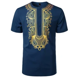 Men's Summer 3D Gold Printed Short Sleeves, African Style, Fashionable, Casual, Loose Fitting, Breathable, Polyester Fiber.