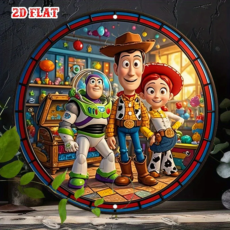 [2D Flat] قطعة واحدة من علامة معدنية مسطحة عتيقة مستوحاة من قصة الالعاب - Woody، Buzz Lightyear & Jessie - ديكور حائط من الألومنيوم المستدير الريفي