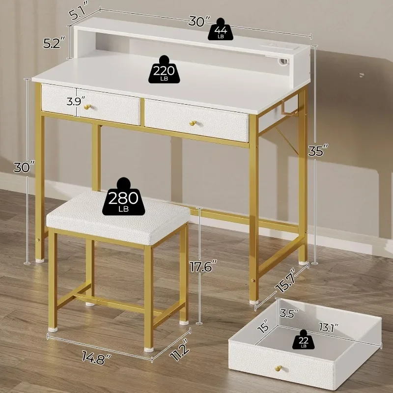 Vanity Desk Without Mirror,with Drawers and Charging Station, for Bedroom,Computer Desk for Small Spaces, White and Gold Leg