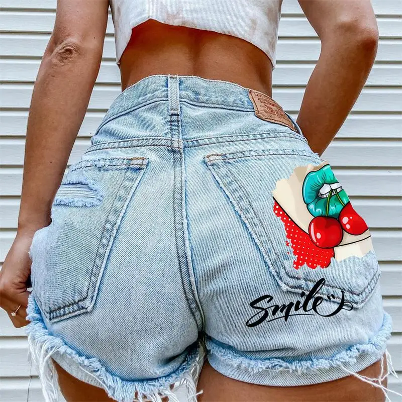 Women's Denim Shorts 2024 Summer New Cherry Print Ripped Raw Edge Fashion Plus Size Shorts