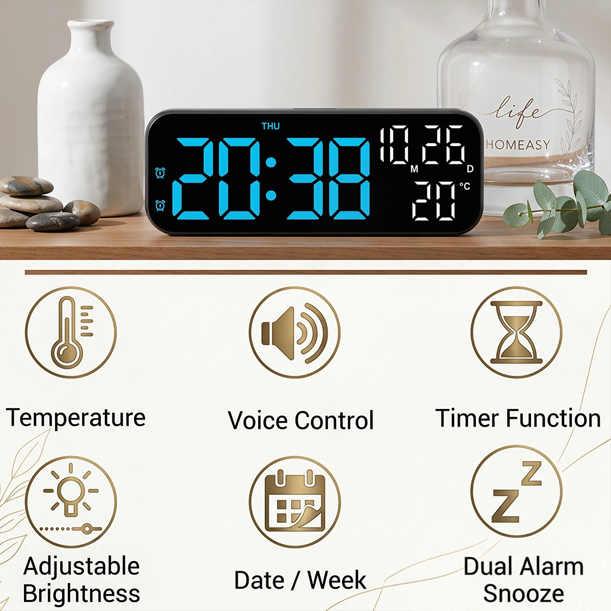 Digital Alarm Clock Temperature and Date Week Display Night Mode Table Clock Voice Control 12/24H Electronic LED Alarm Clocks