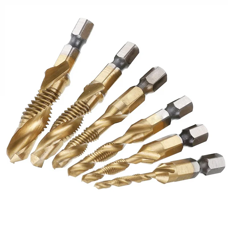 

6 шт. M3-M10 сверла для метчиков, метчики из быстрорежущей стали, набор для снятия заусенцев с зенковкой, титановый сверлильный метчик, метрический винт, сверло с зенковкой