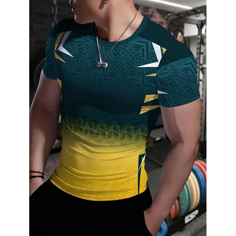 Quick Dry Men's Fitness Short Sleeve Top European And American Trendy All Over Print Sports T Shirt For Jogging Weightlifting