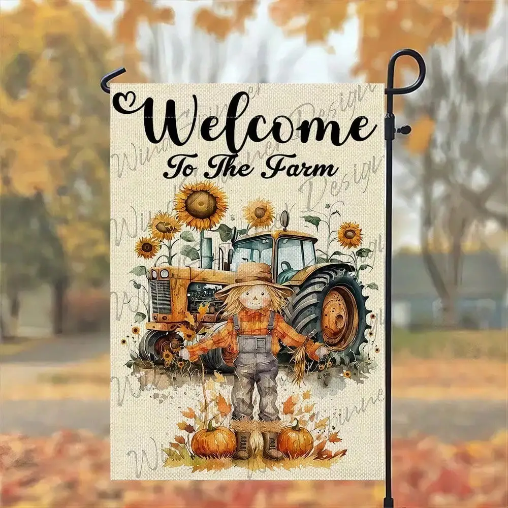 

Fall Farmhouse Garden Flag Double-sided Tractor Scarecrow Print Welcome To The Farm Outdoor Lawn Patio Seasonal Display Decor