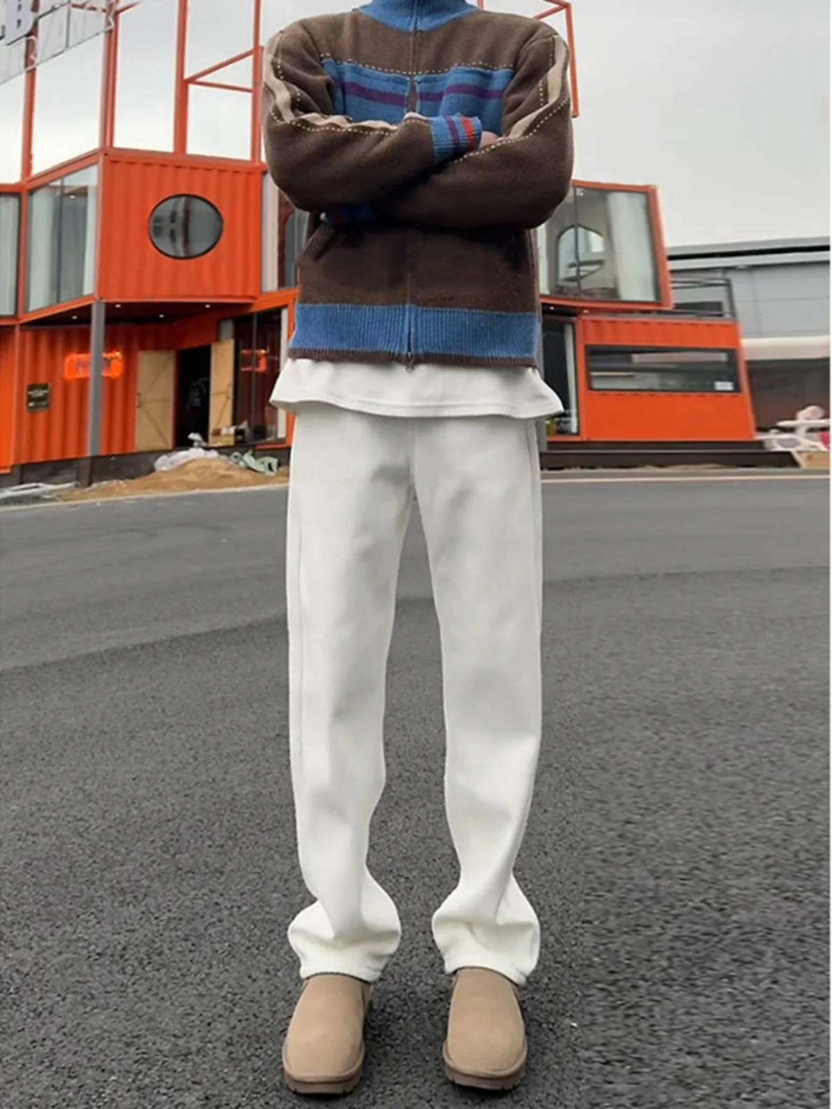 

Cleanfit Men's Fce Lined Straight Leg Jeans White Slimming High Waist Drapey Autumn Winter Wide Leg Pants Trendy Cotton Denim