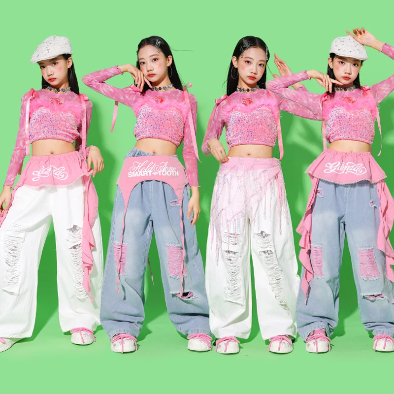

Одежда для джазовых танцев для девочек, блестящий сценический костюм Kpop, розовые топы, джинсовые штаны, детский джазовый наряд, модная одежда для уличных танцев AMY3120