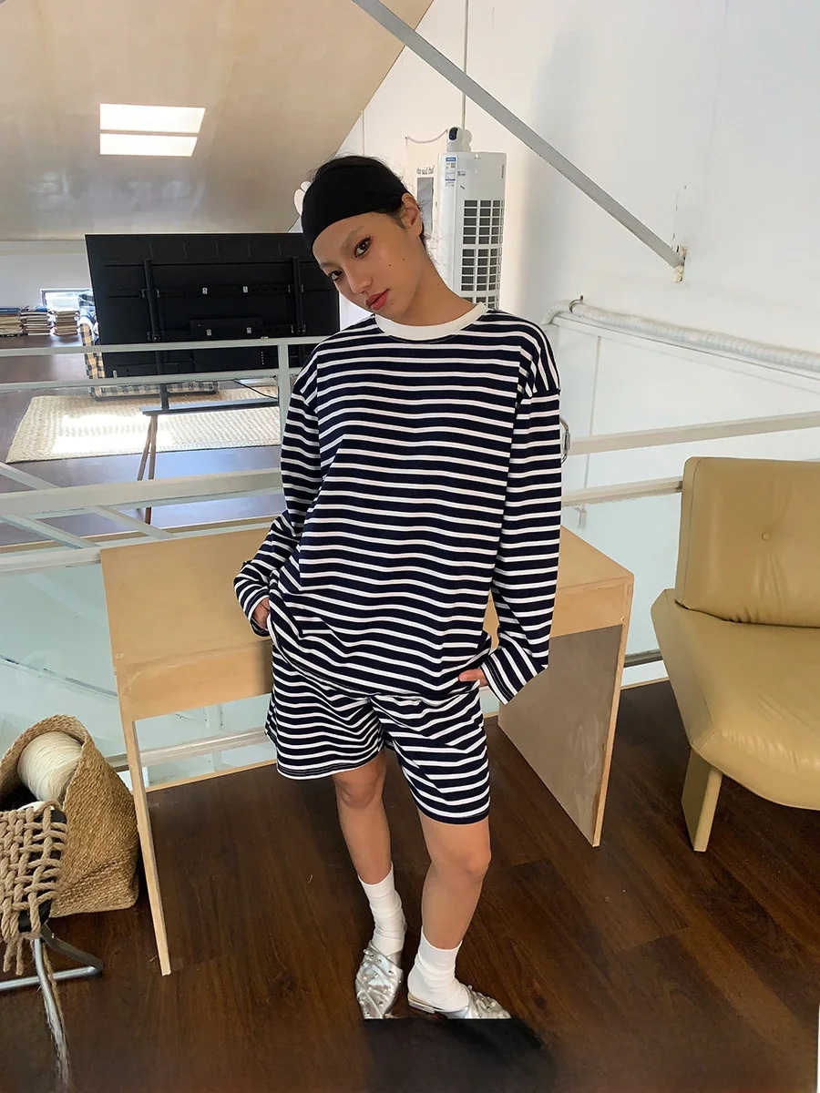 Gogo Burn American Color Block Striped T-Shirt Set Women's Casual Wear Two-Piece Suit Short Sleeve round Neck Pullover