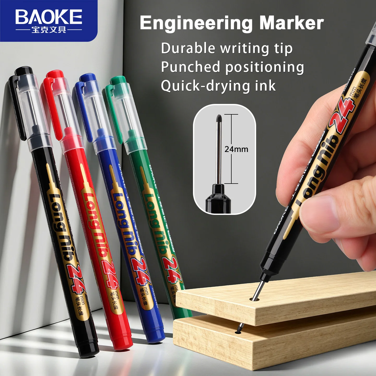 BAOKE MP2983 Engineering Marker Pen 24mm Long Nib 1.0mm Line Width Permanent Markers 4 Ink Color for Industrial Marking