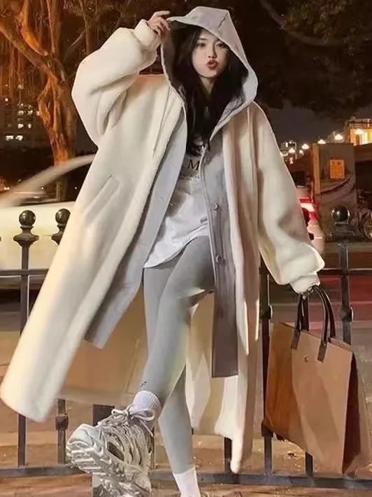 Color Blo Piel de cordero Jaet Ropa de abrigo larga y holgada para mujer Diseño falso de dos piezas Top de invierno Faion de talla grande