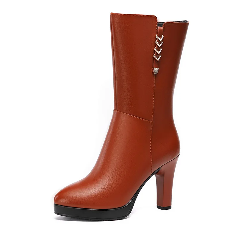 10cm Fashion Comfortable Mid Calf Motorcycle Boots Women\'s Platform Shoes Winter 2025 Block High Heels Warm Plush Leather Botas